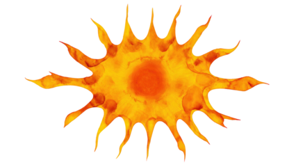 A vibrant watercolor illustration of a stylized sun with a bright orange core and radiating, fiery yellow-orange rays, conveying warmth and energy. background removed
