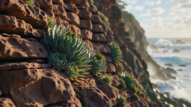 Lush succulent plants growing on textured rock face overlooking a coastal landscape with waves crashing