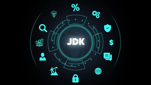 JDK Java Development Kit digital interface with global network and business icons programming software development