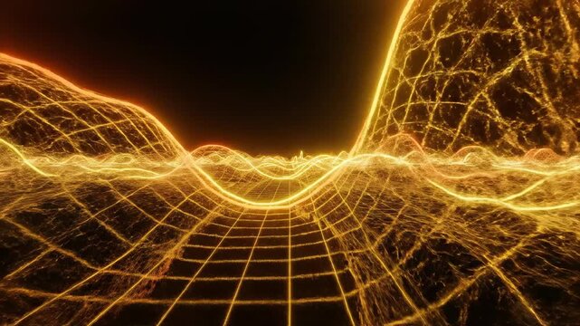 Thriving 3D geometric wireframe grid pulsing with bright yellow and orange neon energy waves across an infinite black expanse motion, neon, structure