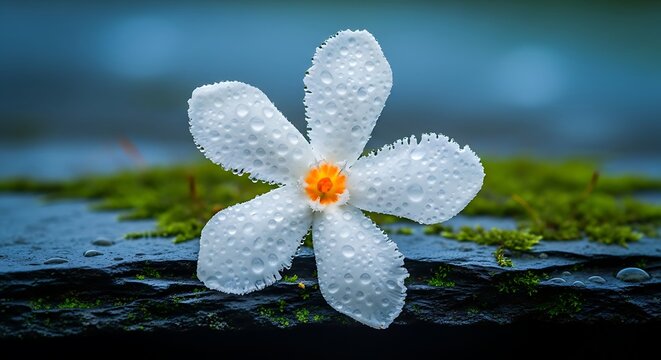 Detailed Macro Shot of a Fragile White Night Jasmine Flower Covered in Sparkling Dew Drops, Resting on a Dark Slate Surface with Vibrant Green Moss and a Moody Blue Bokeh Background.