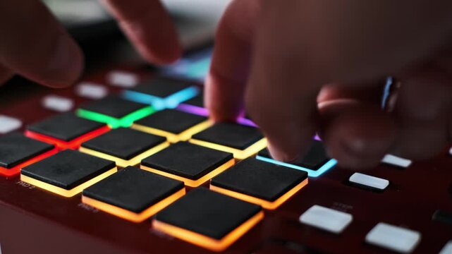 Extreme close-up shows musician's fingers rapidly playing a complex rhythm on a digital drum machine's multi-colored, illuminated pads in a professional audio recording studio environment.