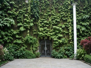 Obraz premium Enchanting Garden Pathway Leads to Ornate Gate Covered in Lush Green Ivy