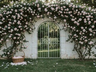 Fototapeta premium Enchanting Garden Gateway Adorned with Delicate Pink Roses and a Basket of Petals