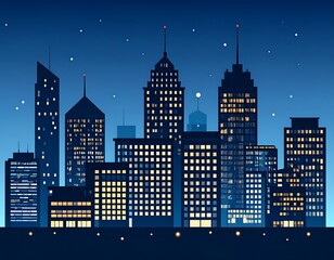 Stylized cityscape silhouette with glowing windows at night under starry sky
