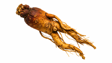 Dried ginseng root with textured surface and natural branching form isolated on clean white background
