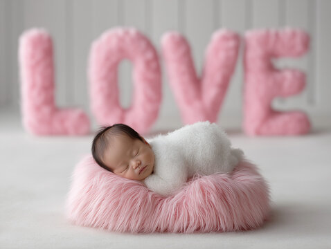 Neugeborenes Baby auf rosa Fell vor rosafarbenem LOVE-Schriftzug