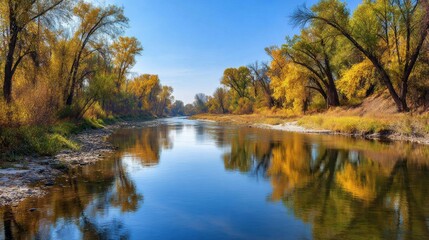 Obraz premium Colorful Trees Reflect on a Clear River Under a Wide Sky During Autumn Season by the Riverside in a Serene Landscape