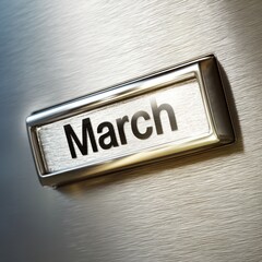 A close-up shot of a metallic rectangular nameplate with "March" on its surface
