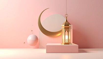 Golden crescent moon and glowing ornate lantern on a minimalist pink pedestal, a modern 3D render symbolizing the festive spirit of Islamic celebrations, Ramadan, and Eid Mubarak