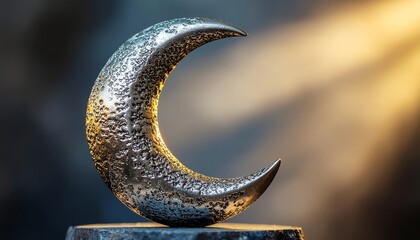 Textured metallic crescent moon sculpture stands prominently, bathed in a celestial glow, embodying nocturnal mystery and ancient cosmic power