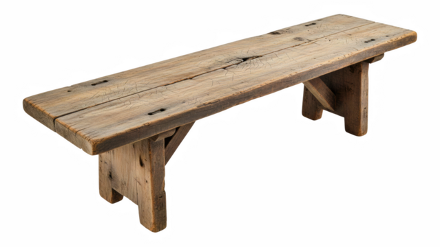 Rustic wooden bench crafted from aged planks with natural grain texture isolated on white background
- Powered by Adobe