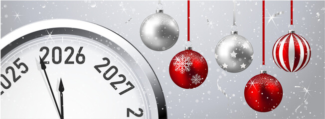 New Year's Eve 2026. Clock with christmas balls. Vector illustration