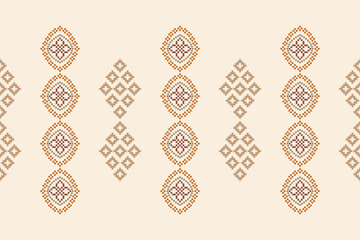 Design of cream brown color background with ethnic pattern traditional motif ikat geometric fabric pattern cross stitch Ikat embroidery oriental pixel,abstract,vector,texture art.