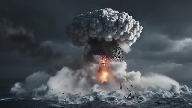 Massive Underwater Nuclear Explosion Creates Huge Mushroom Cloud Over Dark Ocean.