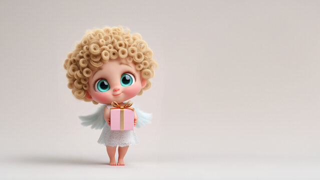 Niedliche Engel Cartoon-Figur mit blonden Locken h&auml;lt Geschenk