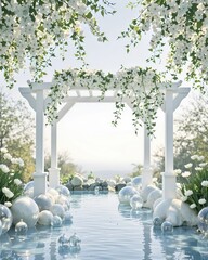 Enchanting outdoor wedding ceremony setup adorned with abundant white flowers and reflections