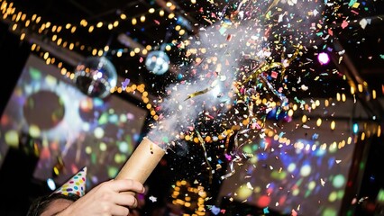 Festive celebration of joy: A close-up shot of a party popper explosion with confetti.