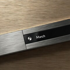 Detail of modern metal and wood design featuring the text "March" on a black stripe