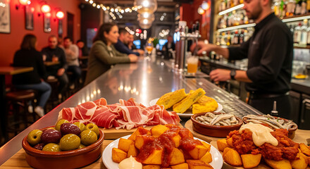 A vibrant Spanish tapas bar with a delicious spread of food on the counter and people socializing in the background.