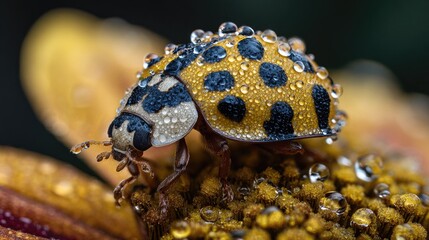 Yellow and black spotted insect covered in numerous clear water droplets rests upon a flower's center