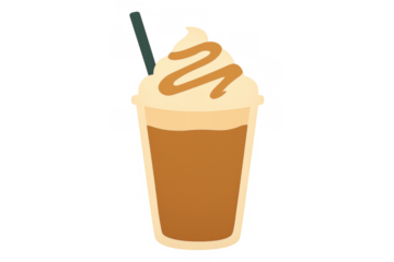 Iced coffee drink with whipped cream and caramel sauce in a clear cup, enjoying chilled refreshments, vector illustration