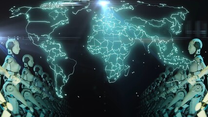 picture of a glowing, futuristic map of the world above a synchronized army of humanoid robots. AI dominance, global technology, robotics, future communication