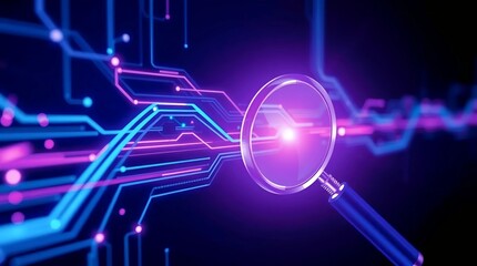 digital magnifying glass scanning bright neon data streams in a futuristic cyber environment highlighting analysis technology research and advanced information processing systems