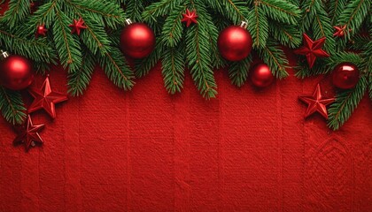 Festive Christmas spirit with vibrant red ornaments and evergreen branches on textured scarlet backdrop, perfect for holiday greetings and seasonal promotions