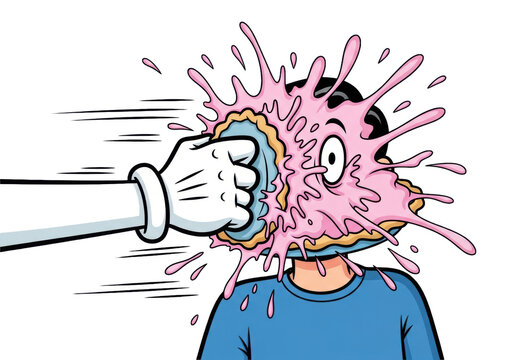 highly stylized 2d vector illustration: cartoon figure in a blue shirt hit by a massive pink cream pie, wide eyes, white glove, dynamic splatter on white background, classic slapstick comedy concept