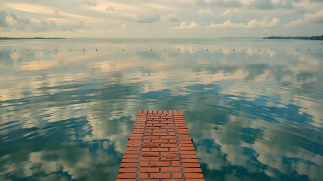 Scenic view of a tranquil water surface reflecting the sky and clouds, with a brick pathway leading into the water