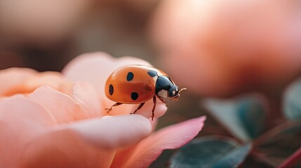 Obraz premium Small spotted insect rests gently upon the soft petal of a pale pink bloom