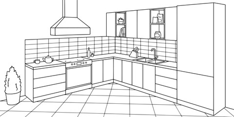 Kitchen room graphic black white home interior sketch illustration vector 