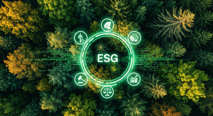 Top-down view of trees with circular glowing ESG interface, icons around the perimeter for renewable energy, biodiversity, Circular ESG Digital Interface Over