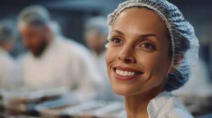 In a bustling food factory, workers wearing white uniforms and hairnets collaborate joyfully, ensuring high standards of quality in food production, creating delicious meals for many