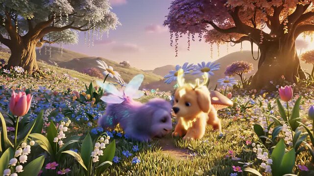 Cuddly creatures surrounded by lush flowers and playful dogs frolic in adjacent grass capturing whimsical innocence evoking joy and playfulness perfect for childrens content toys or family.