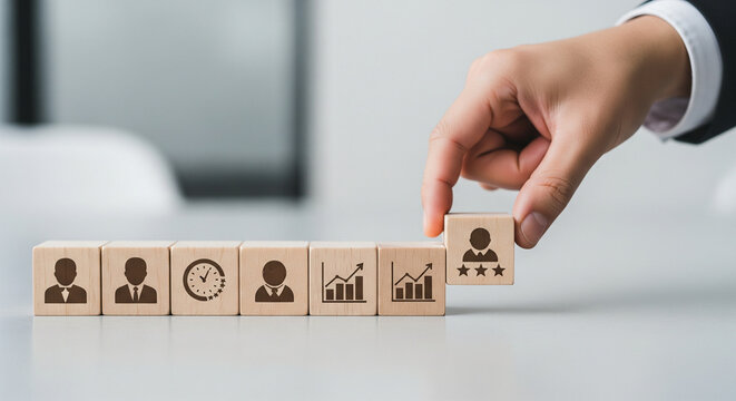 Employee Rating Wooden Blocks With Performance Icons - Powered by Adobe