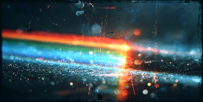 Old film light leaks texture with scratches, noise, iridescent light. Rainbow lens flare effect, camera film filter with bokeh, dust, grain. Distressed retro movie, photo burn effect. Vintage photo - Powered by Adobe
