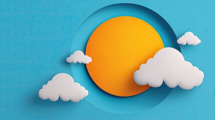Bright orange orb dominates a layered blue sky background with floating white cloud shapes