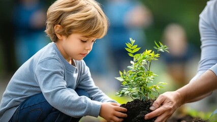 Happy child planting, tree with community, environmental stewardship moment, green initiative participation, intergenerational cooperation, ecological education activity, nature co