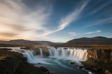 A wide waterfall cascades over rocky cliffs into a river, surrounded by mountains under a dramatic sky with streaked clouds.