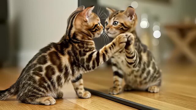 Curious Bengal Kittens Gaze at Reflections in Mirror, Capturing Playful Curiosity and Cuteness, Perfect for Advertising Campaigns or Social Media Content Featuring Joyful Childhood Innocence.