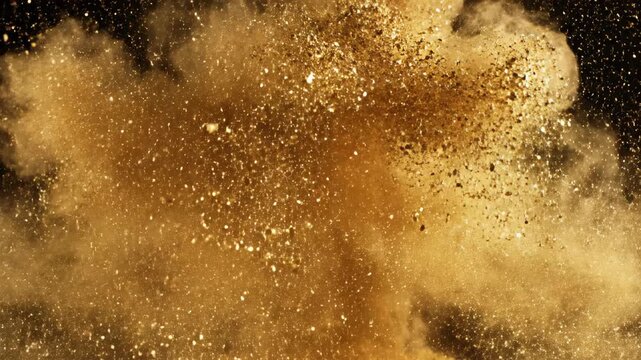 Ultra slow motion cinematic shot of fine gold dust powder billowing up covering the frame completely creating a dynamic smooth transition blank shot, design, clean
