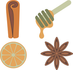 Flat illustration of cinnamon stick, orange slice, honey dipper and star anise, natural spice and citrus ingredients for cooking and wellness designs
