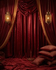 Exotic luxurious red velvet draped tent with antique lanterns and pillows