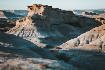 Desert landscape featuring layered rock formations and eroded mesas under soft sunlight