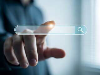 Finger touching digital search bar with magnifying glass icon hand