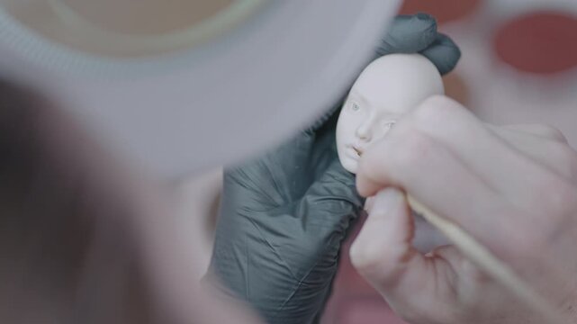 Closeup of artist painting silicone doll face with brush while wearing gloves and working under magnifying lamp showing careful detailing and precision