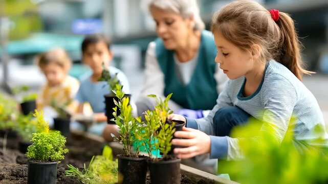Children adults working, community tree planting, breathing life initiative, environmental restoration project, intergenerational cooperation display, neighborhood greening effort,