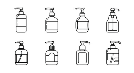 Fototapeta premium Set of eight different soap dispenser pump bottle icons in clean line art style
